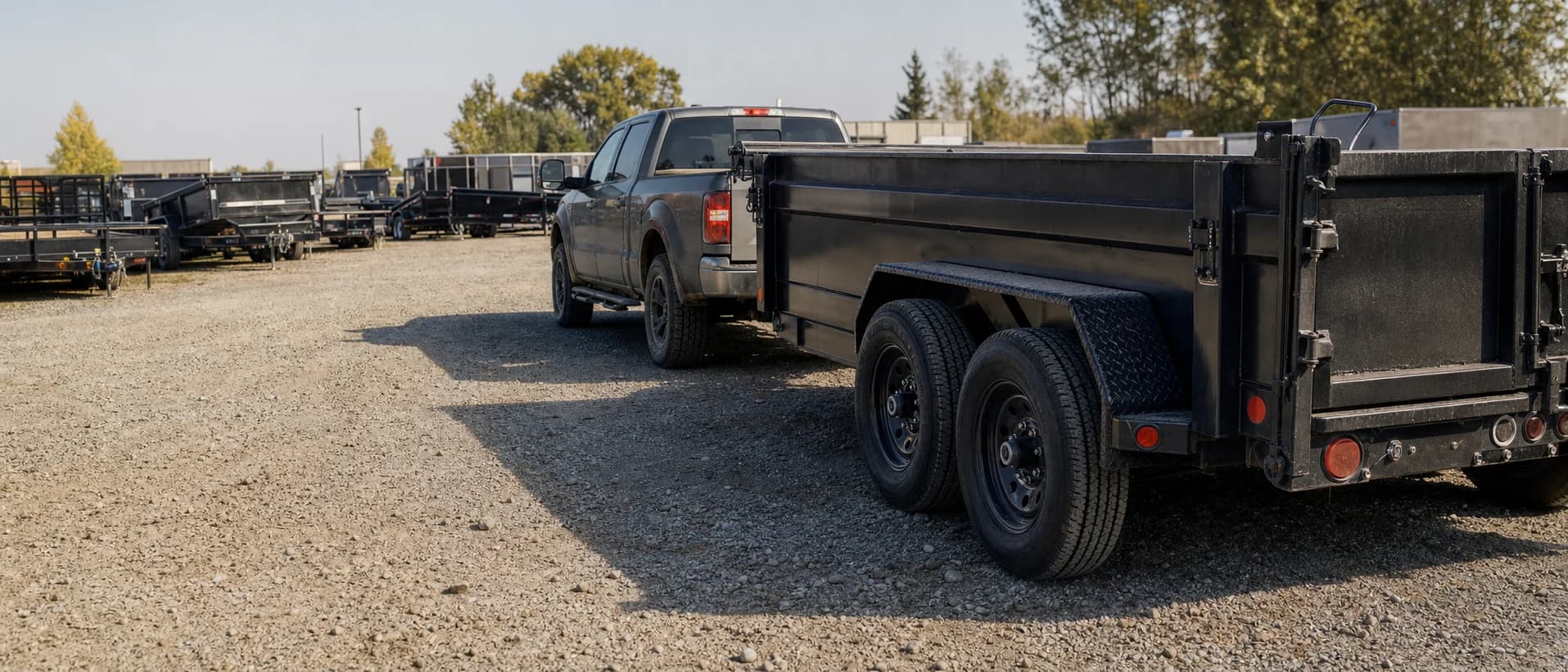 A black dump trailer on a working gravel dealership lot